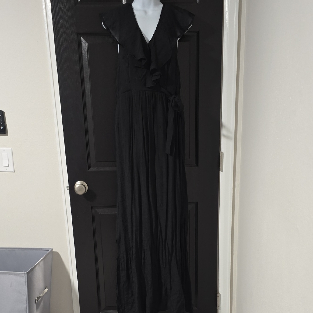 Love Black Ruffle V-Neck Maxi Dress with Waist Tie